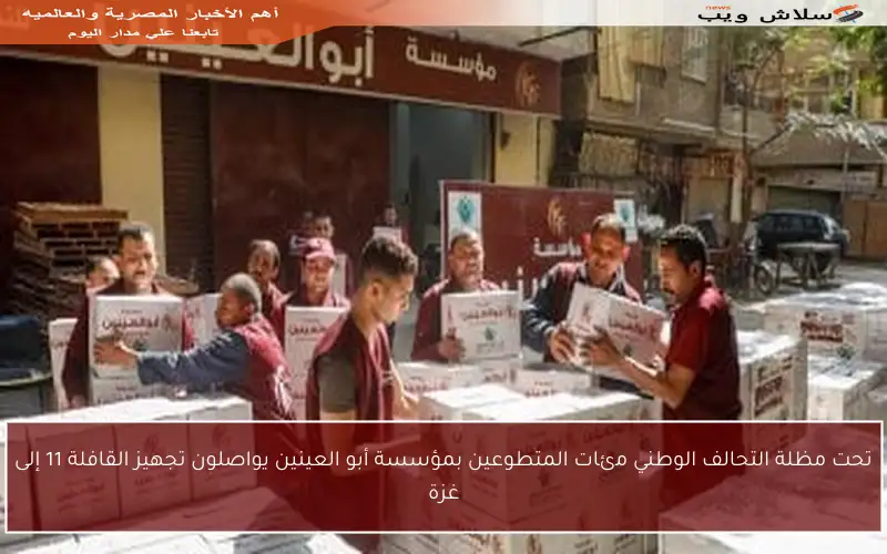 تحت مظلة التحالف الوطني مئات المتطوعين بمؤسسة أبو العينين يواصلون تجهيز القافلة 11 إلى غزة