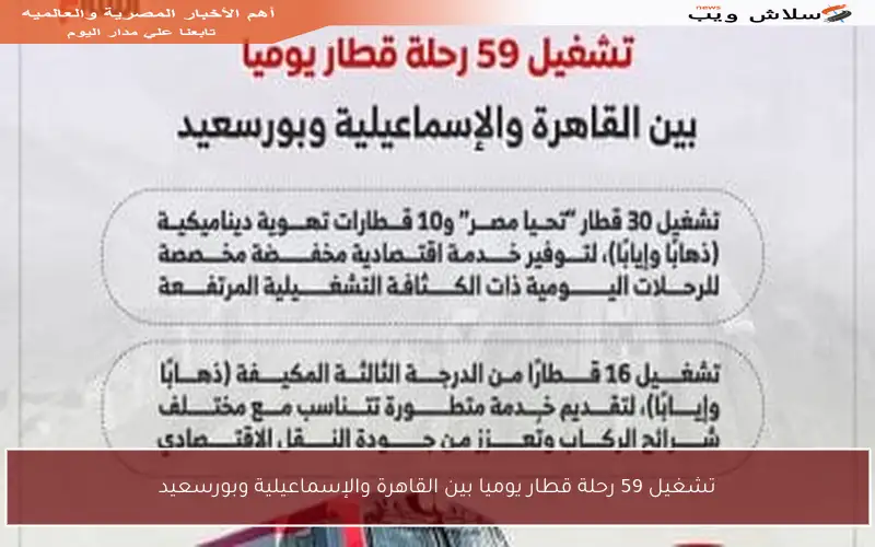 تشغيل 59 رحلة قطار يوميا بين القاهرة والإسماعيلية وبورسعيد