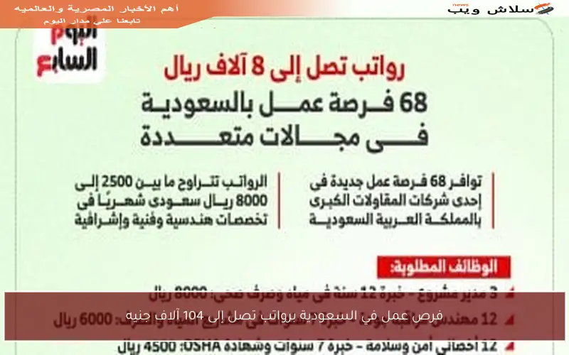 فرص عمل في السعودية برواتب تصل إلى 104 آلاف جنيه